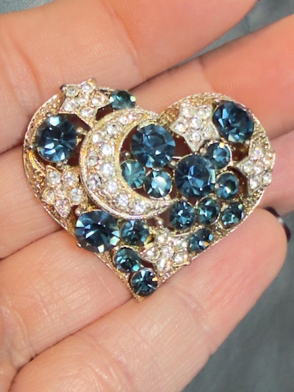 Heart WLIND Moon Star Brooch Blue Rhinestones Vintage